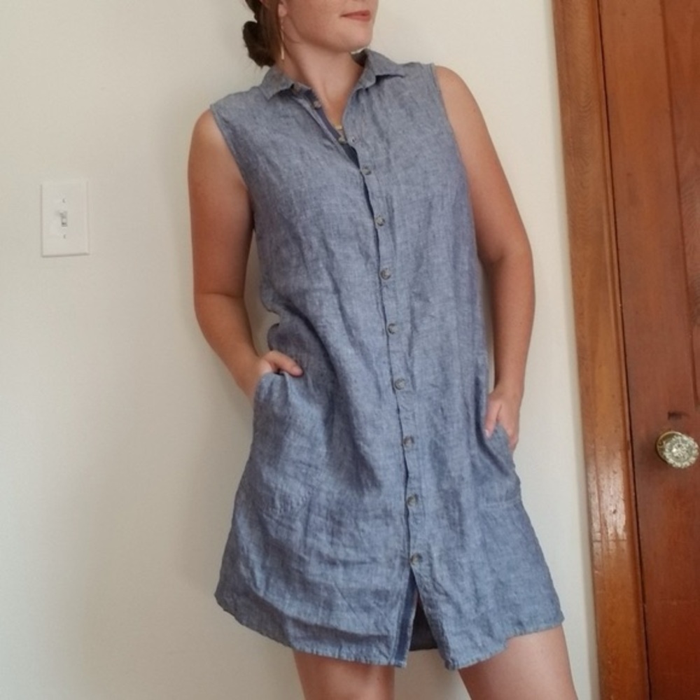 Adrienne Vittadini Chambray Linen Button-Down Sleeveless Dress - Blue - S